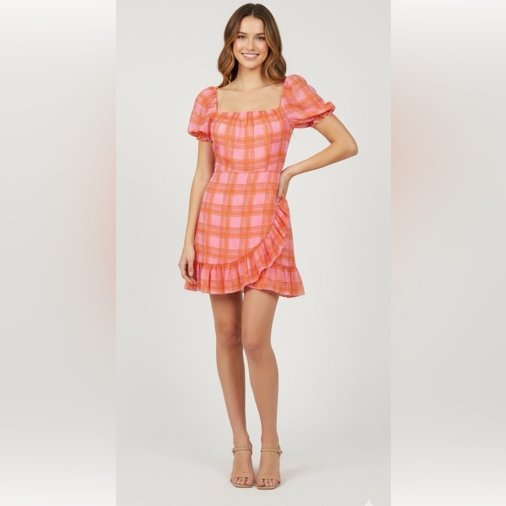 Likely Havana Pink/Orange plaid faux wrap ruffle mini dress size 12
